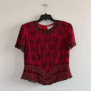 VTG Papell Boutique Top Red Silk Floral Beaded Sequin L Dynasty Art Deco Elegant